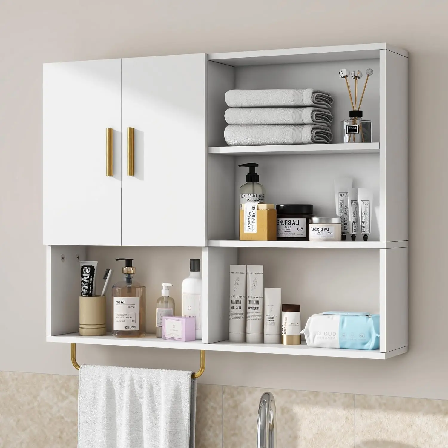 Bathroom Wall Cabinet Woodwith 2 Doors and 4 Open Shelves Over Toilet Storage Cabinet Organizer with Towel Bar,White