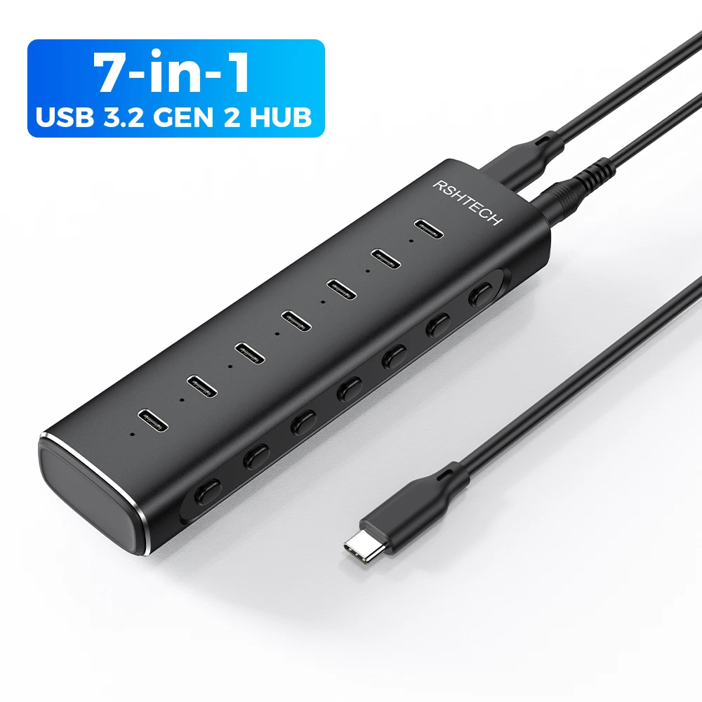 RSHTECH 36W Powered USB C 3.2 Hub Aluminum 7-Ports USB-C 10Gbps Data Transfer 12V/3A Power Adapter Individual ON/OFF Switches