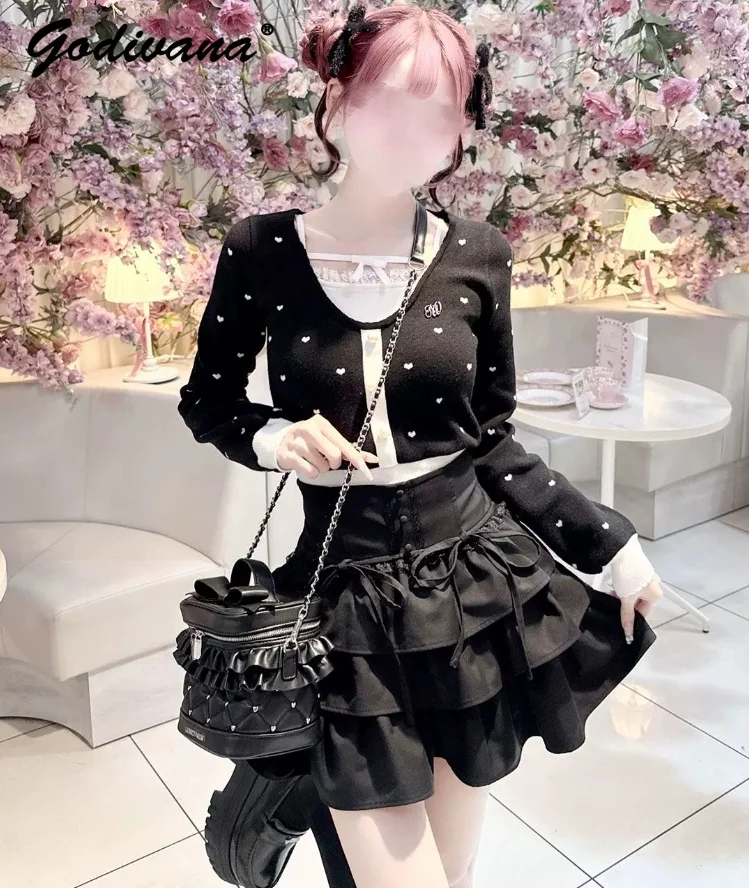 

Japanese Style Macaron Color Mini Skirts New Spring Summer Women's High Waist Lace-up Bow Ruffled Layered Cake Skirts