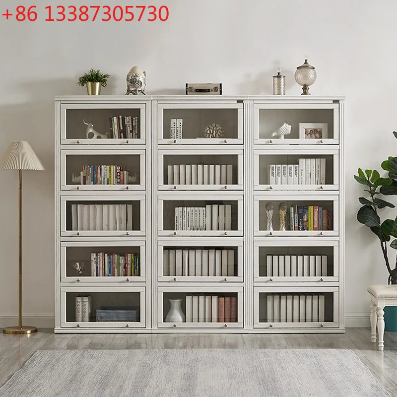 American solid wood bookcase living room floor bookshelf dust-proof glass door decorative cabinet