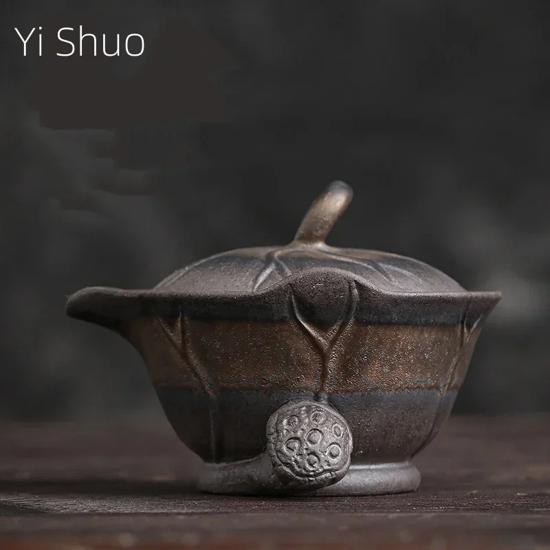 Lotus Leaf Hand-Held Pot Old Rock Mud Gilt Iron Glaze Kung Fu Tea Set Handmade Coarse Pottery Teapot Tea Bowl  Ceramic Gaiwan