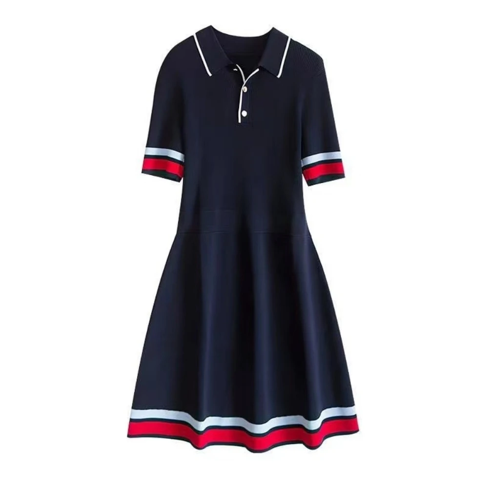 Polo Collar Knit Dresses For Women Summer Short Sleeve Slim Elegant Party Dress Casual Chic Korean Stripe Vestido Feminino New