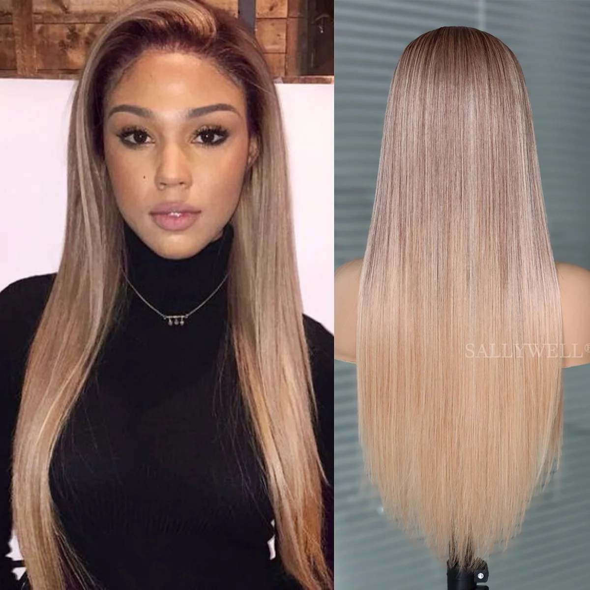 Ombre Brown Blonde 13x4 Lace Front Synthetic Wig Glueless Long Straight 3-tone Colored Lace Front Wig for Women Heat Resistant