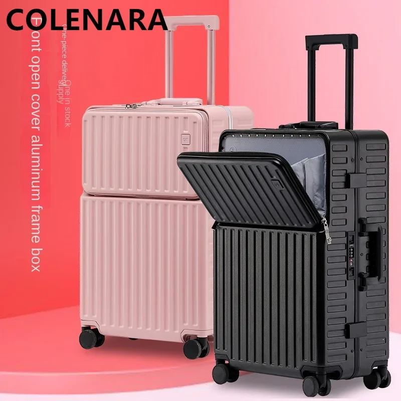 COLENARA-maleta de alta calidad con Apertura frontal, caja de embarque con marco de aluminio, maleta con carro, carga USB, equipaje de viaje, 20, 24 y 28 pulgadas