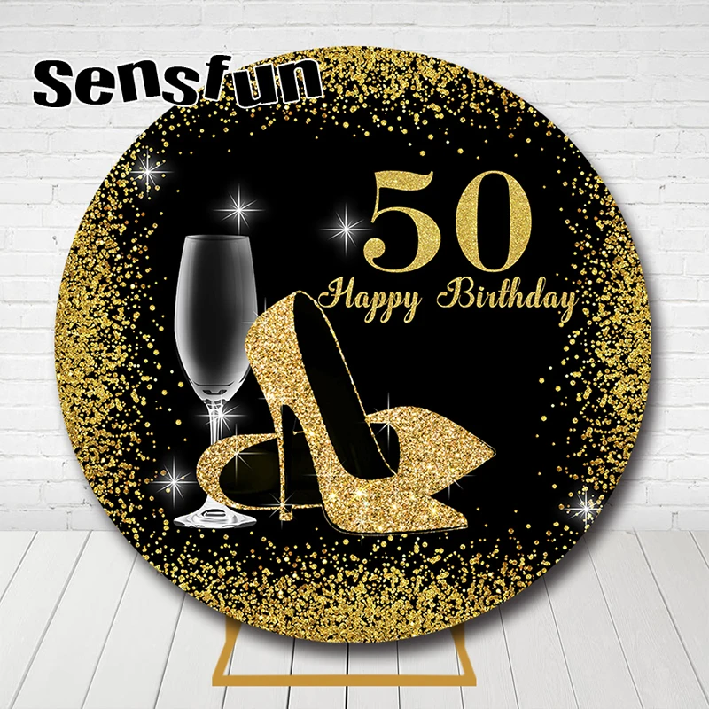 

Black Gold Adult Birthday Party Round Backdrop Wineglass Heels Gold Glitter Lady 50th Birthday Cirlce Background Photo Studio