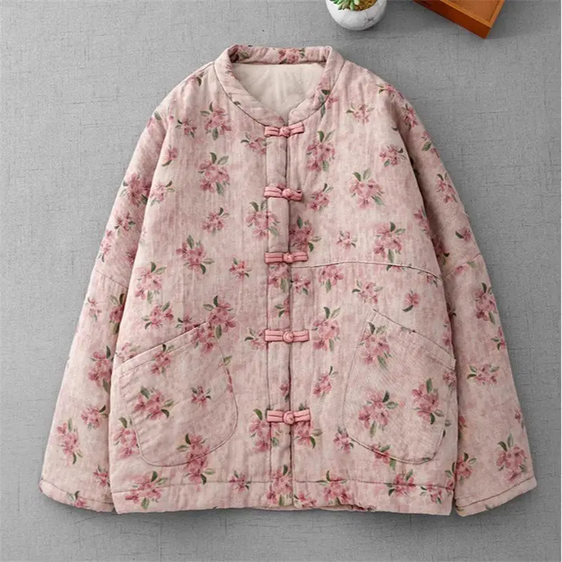 New Chinese Style Retro Buttoned Cotton Clothing For Women In Winter 2024 Artistic Printing Loose Quilted Jacket Warmth Top A343