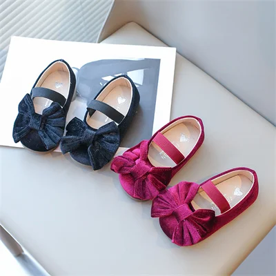 Girl's Bow Black/rose Red Flat Bottomed Casual Shoes, Girl's 2024 Spring and Autumn Outdoor Suede Casual Shoes Size 23-32