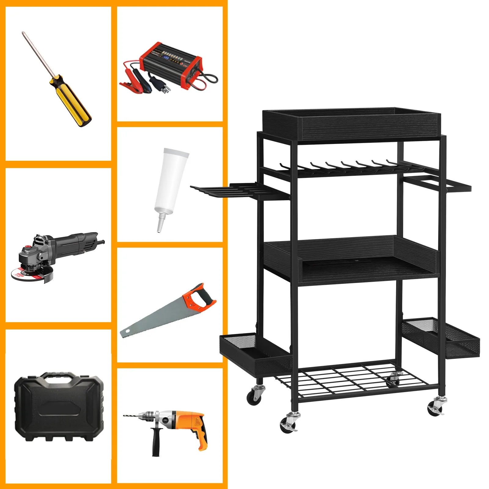 

Electric tool storage cart, garage with 4 drill racks, equipped with charging station, practical cart with wheels