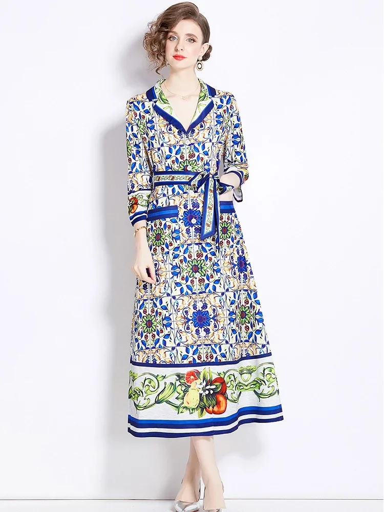 

TRAF Europe and America Notched Single-Breasted Loose Long Dress Women Porcelain Flower Print Lace- Up Pocket Trench Vestidos