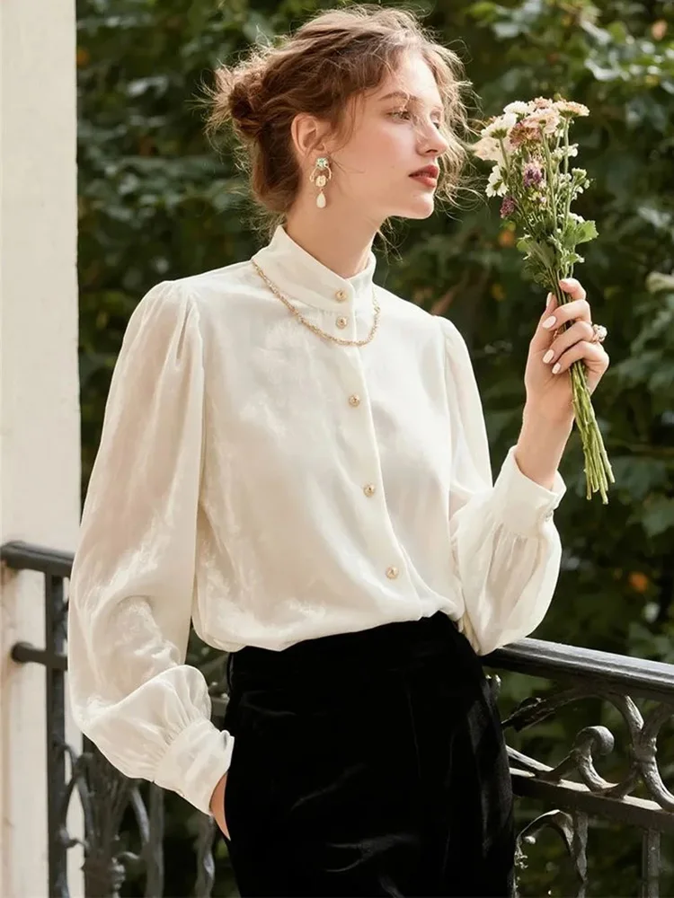 

Zoki Elegant Velvet White Shirt Women Slim Vintage Stand Collar Sweet Blouse American Retro Fall Long Sleeve High Quality Tops