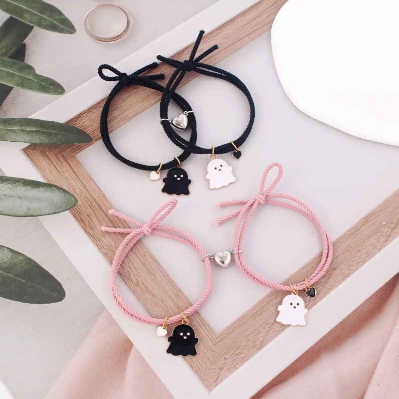 2Pcs/Set Ghost Braided Bracelet for Lovers Long Distance Heart Magnet Couple Bracelets Friendship Fashion Jewelry Gift