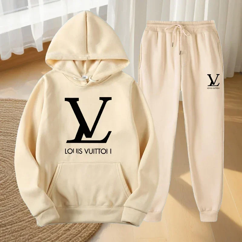 Conjunto esportivo de casal de outono e inverno masculino e feminino: moletom com capuz de manga comprida, moletom e calças compridas casuais da moda conjunto de 2 peças