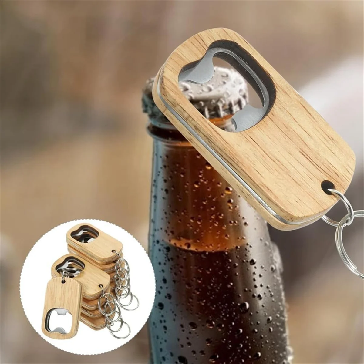 10 Pcs Wood Bottle Opener Keychain Bottle Openers Set Kit Blanks Engraving Key Chains Key Tag for Home Kitchen Party