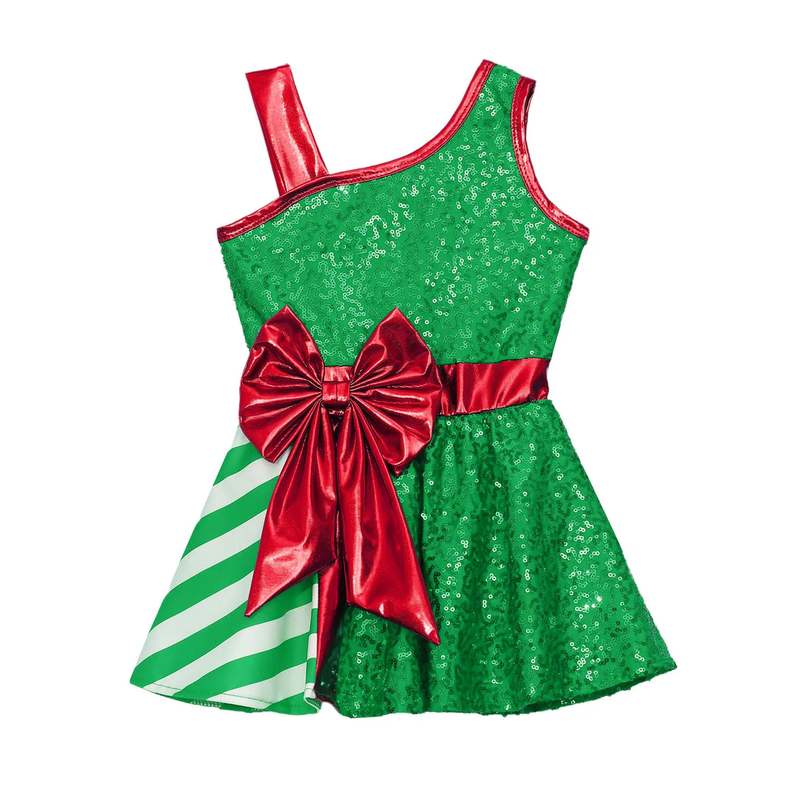 어린이 소녀용 반짝이 크리스마스 레오타드 드레스, 크리스마스 새해 산타클로스 의상, 큰 리본 디테일과 스트라이프 오버슬리브 엘프 의상