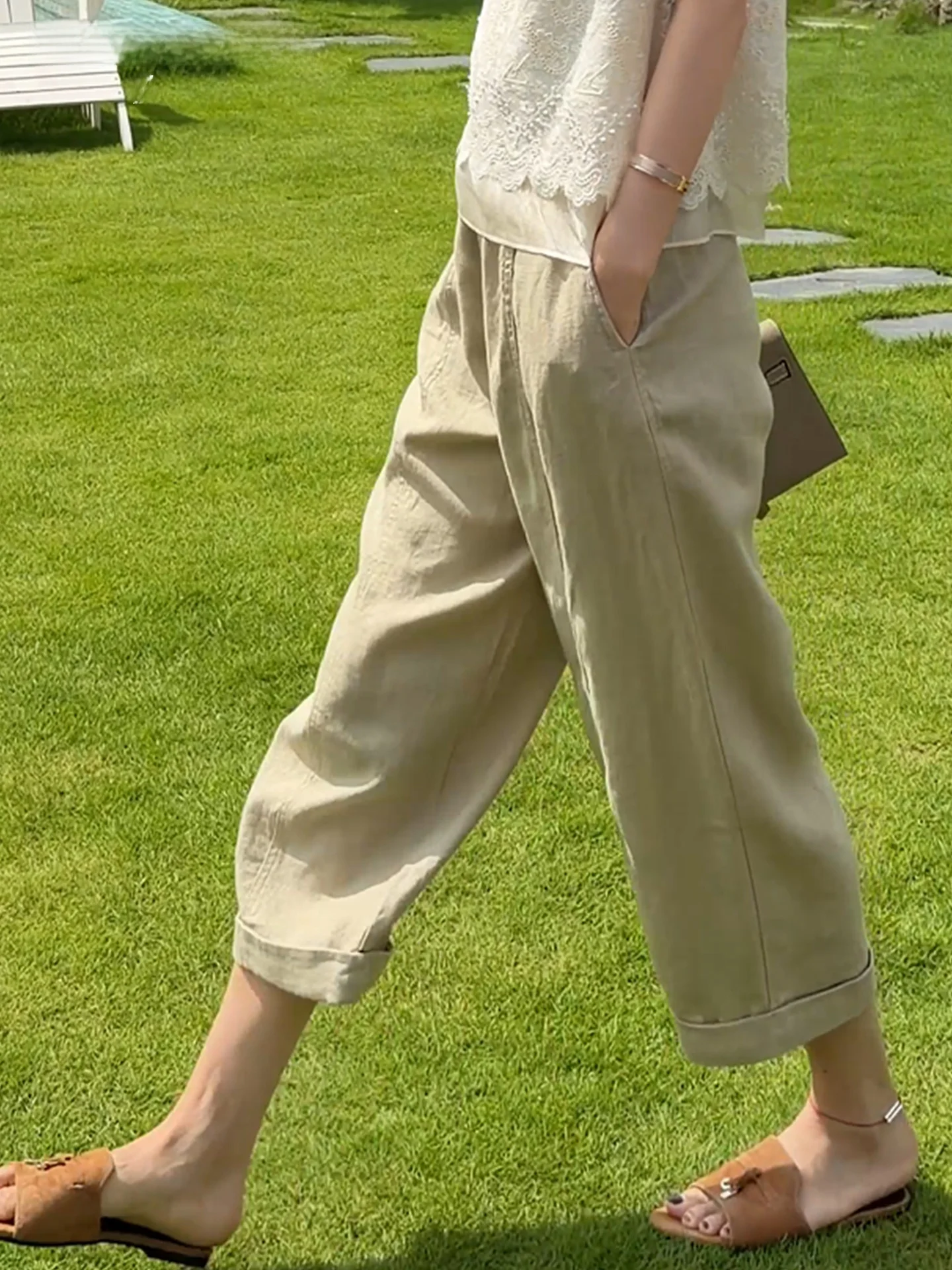 Mayya High Waist Wide Leg Pants Women's Summer Thin Linen Elastic Waist Casual Trousers Breathable Comfortable Straight Tube