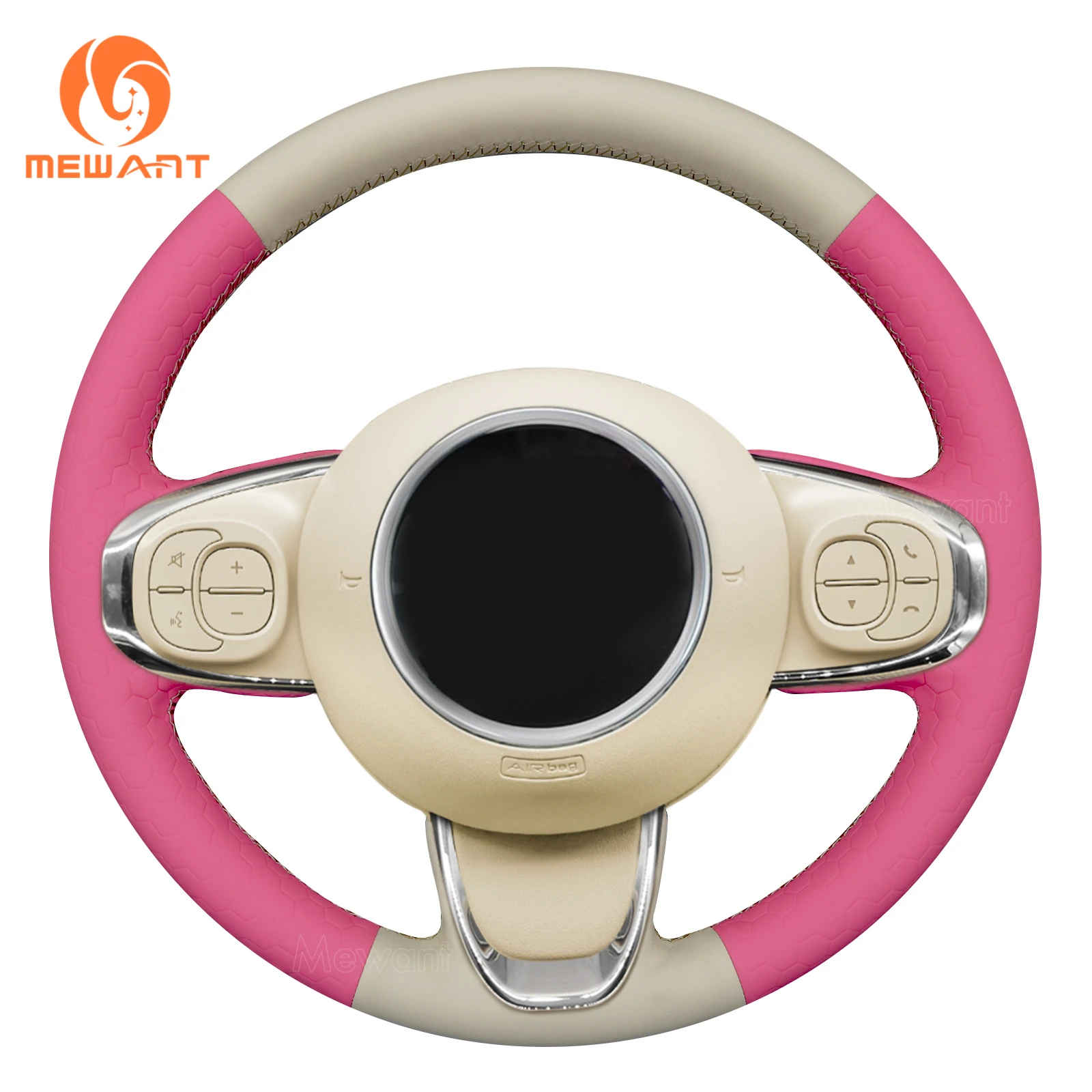 

MEWANT Hand-Stitched Pink Artificial Leather Steering Wheel Cover(Customizable) for Fiat 500 2015-2021 / 500C 2016-2021