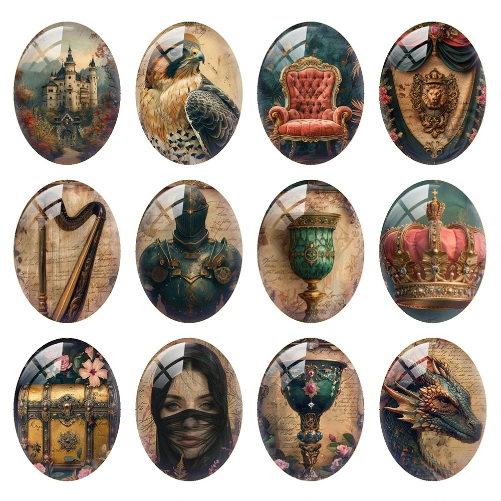 10pcs/lot Gothic Dargon Eagle Crown Castle King Girl Key Oval Photo Glass Cabochon Flatback Demo Cameo Diy Jewelry Making
