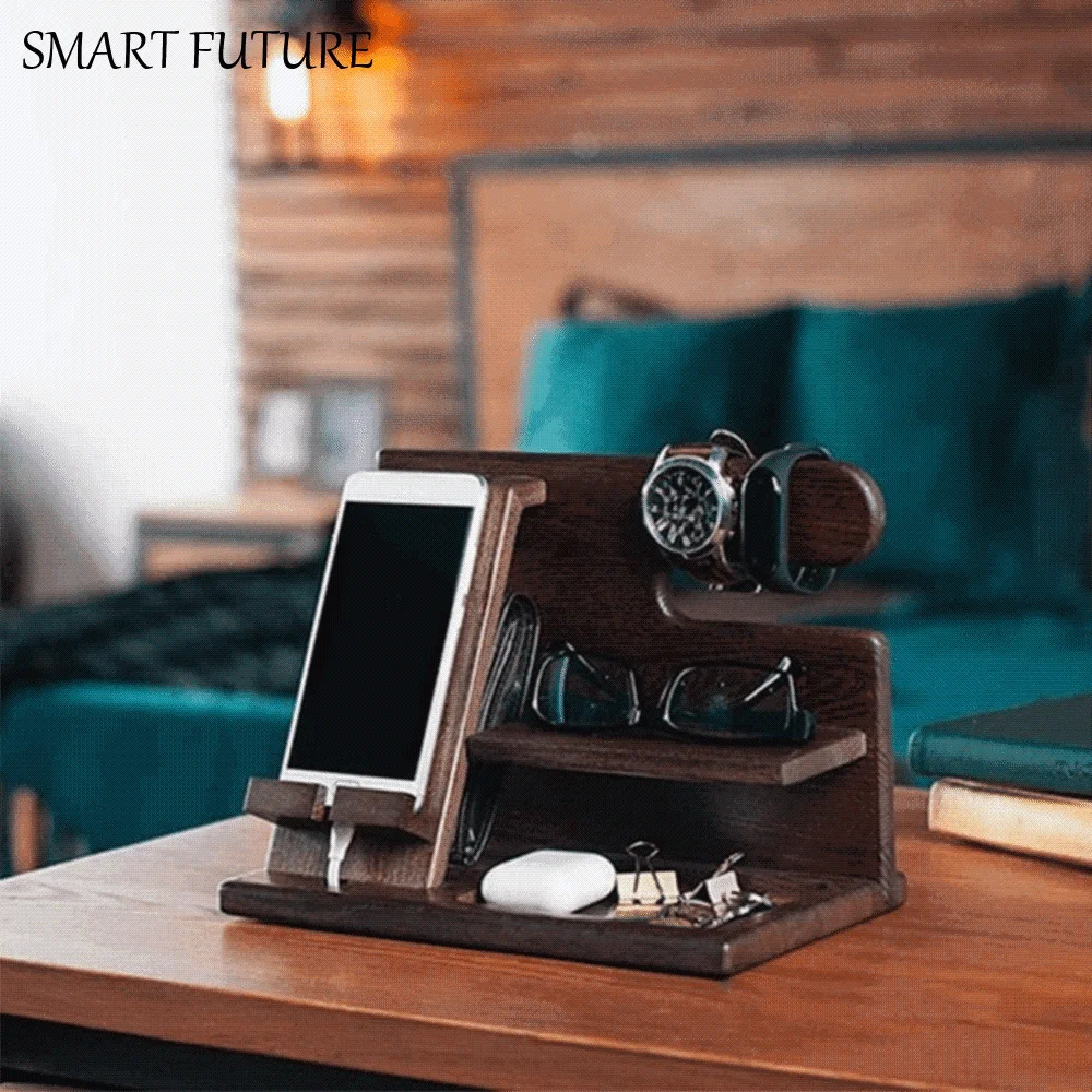 

Solid Wood Charging Phone Holder Space Saving Stable Groove Design Phone Docking Station Detachable Keychain Wallet Storage Rack