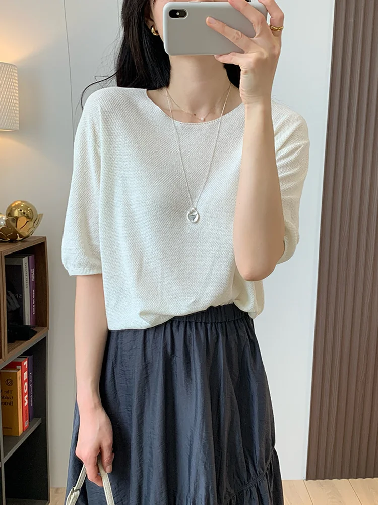 

Удобная дышащая футболка из шелка, хлопка и льна с круглым вырезом, свободного кроя, с коротким рукавом, вязаная, универсальная, повседневная, женская.