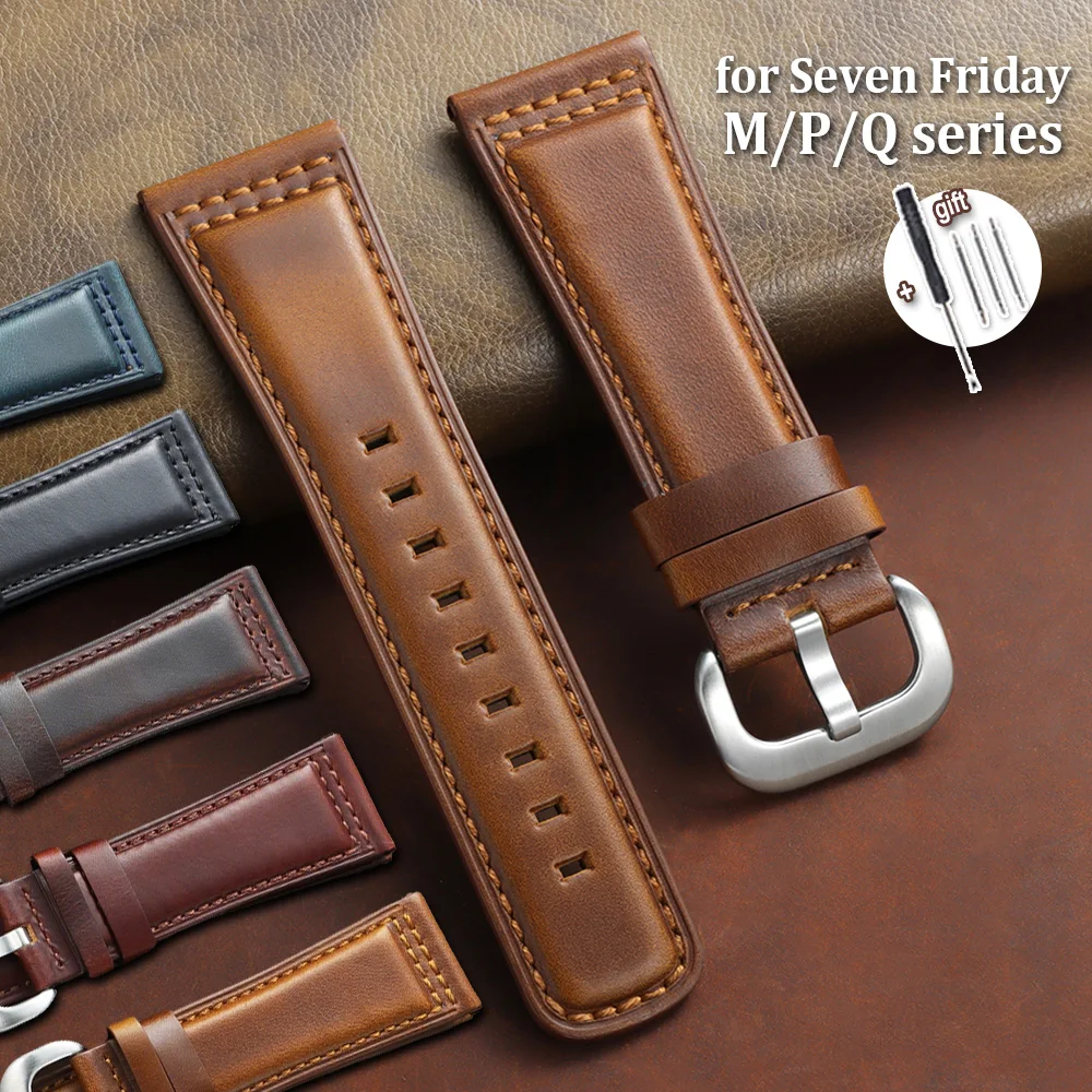

28mm Bracelets for Seven Friday M2/02 P1B/01/2 Q2/03 Top-grain Calfskin Watchband Vintage Thick Oiled Double-sided Cowhide Strap