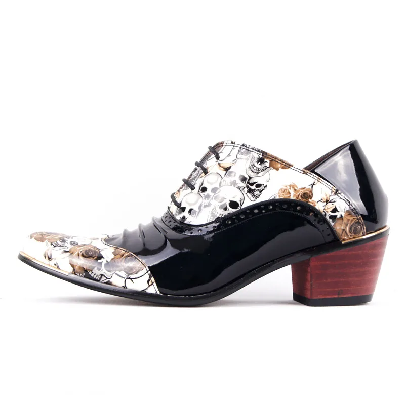 Mens Floral  Patent Leather Pointed Toe Dress Shoes 2022 Skull Pleated Oxford Shoes for Men White  Height Increase Wedding Shoes