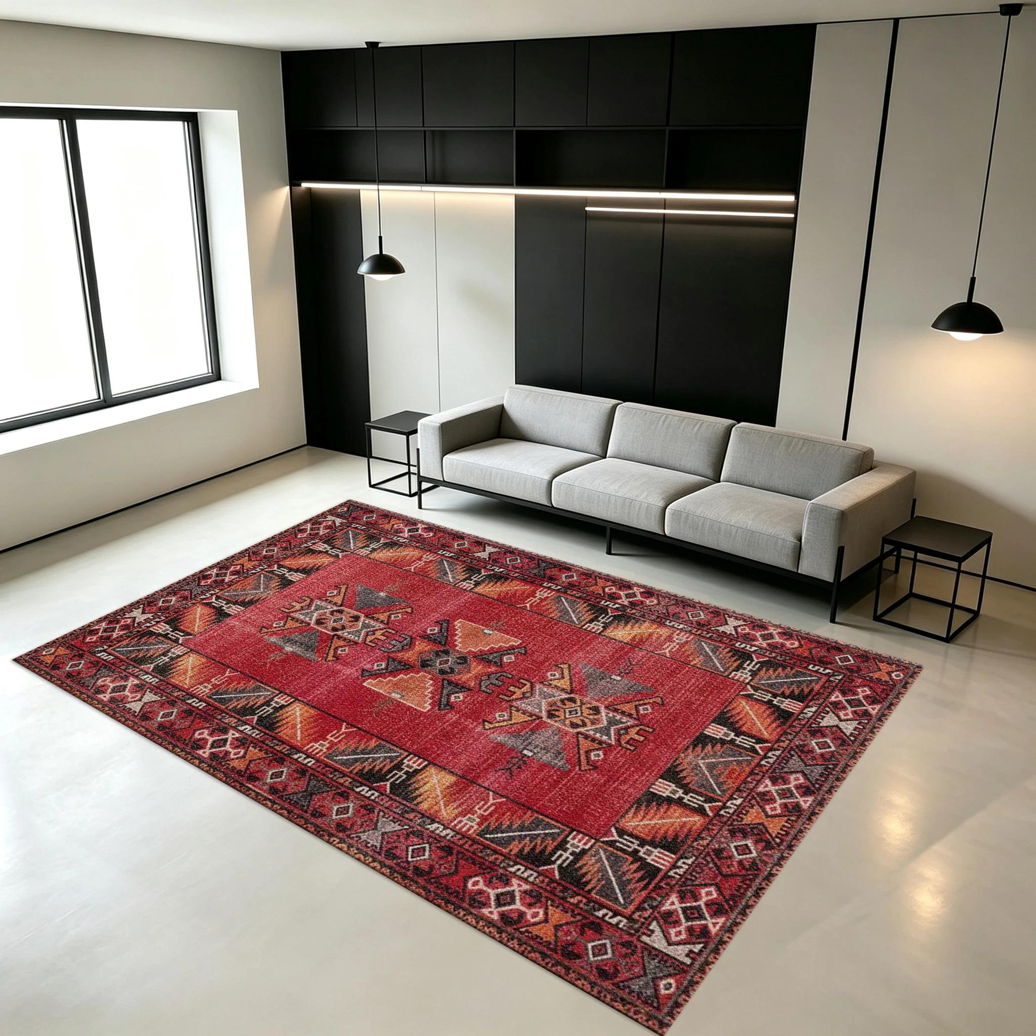 Vintage Red Tribal Geometric Carpet Floor Decor Retro Ethnic Style Square Carpet Soft Non-Slip Decorative Mat Suitable for Living Room Home