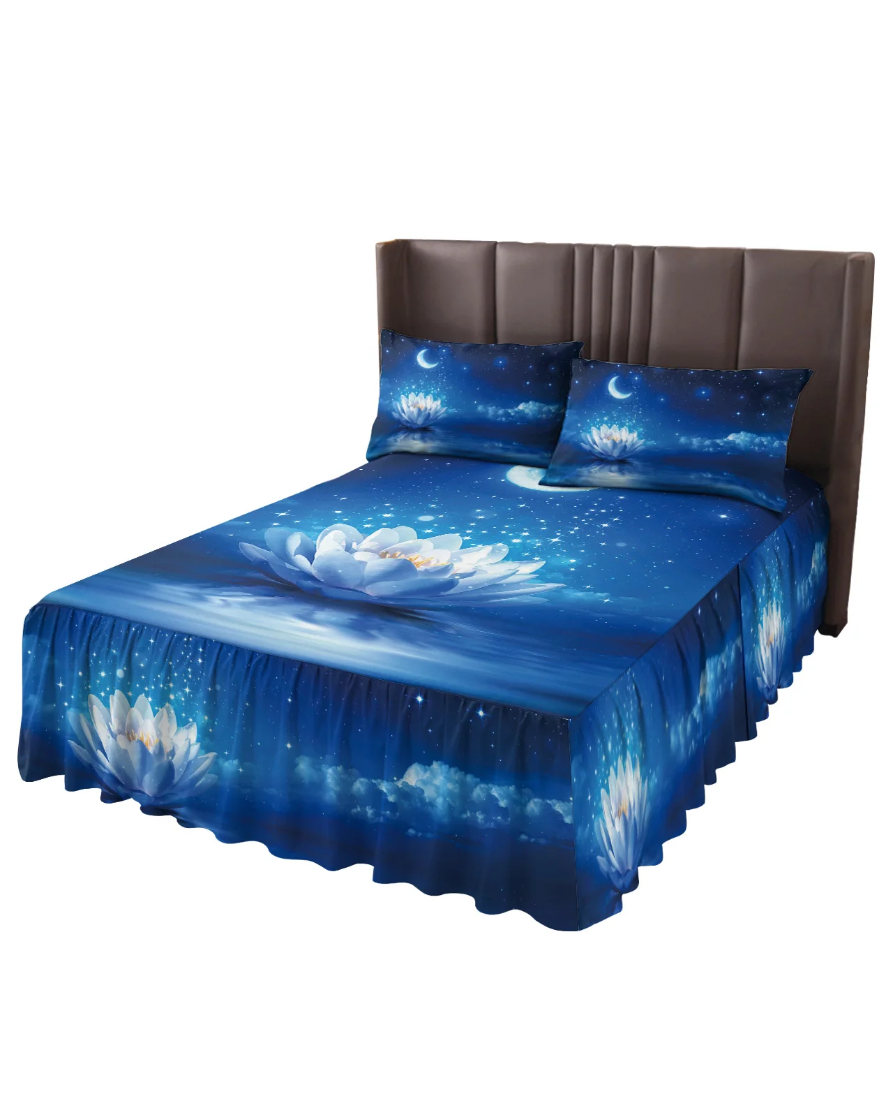 Blue Moonlight Lotus Moon Bed Skirt Elastic Fitted Bedspread With Pillowcases Bed Protector Mattress Cover Bedding Set Bed Sheet