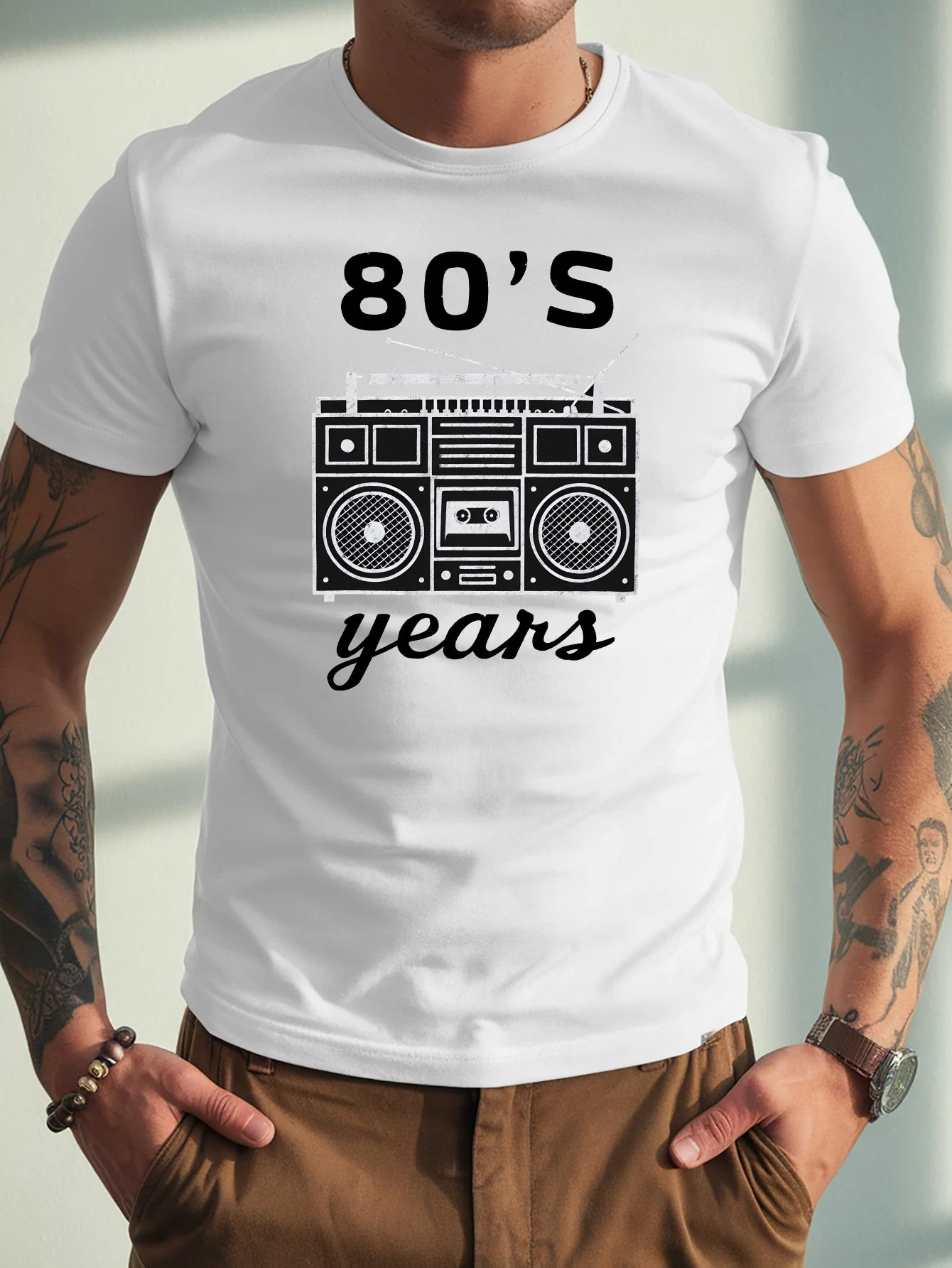 Vintage 80S Boombox Graphic Mens Crew Neck Cotton T Shirt Retro Cassette Radio Print Short Sleeve Casual Street Fashion Top