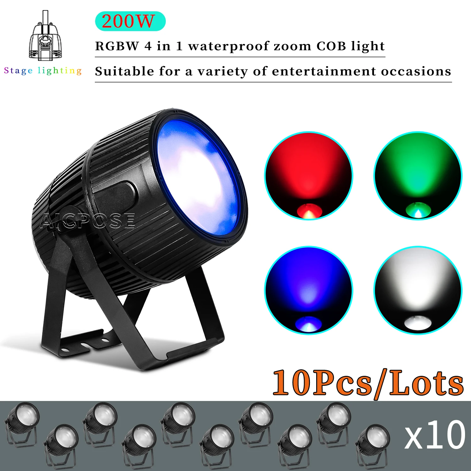 10Pcs/Lots 200W LED Waterproof Zoom Stage Light RGBW 4in1 COB Audience Light Cool White/Warm White Spotlight DJ Disco Equipment