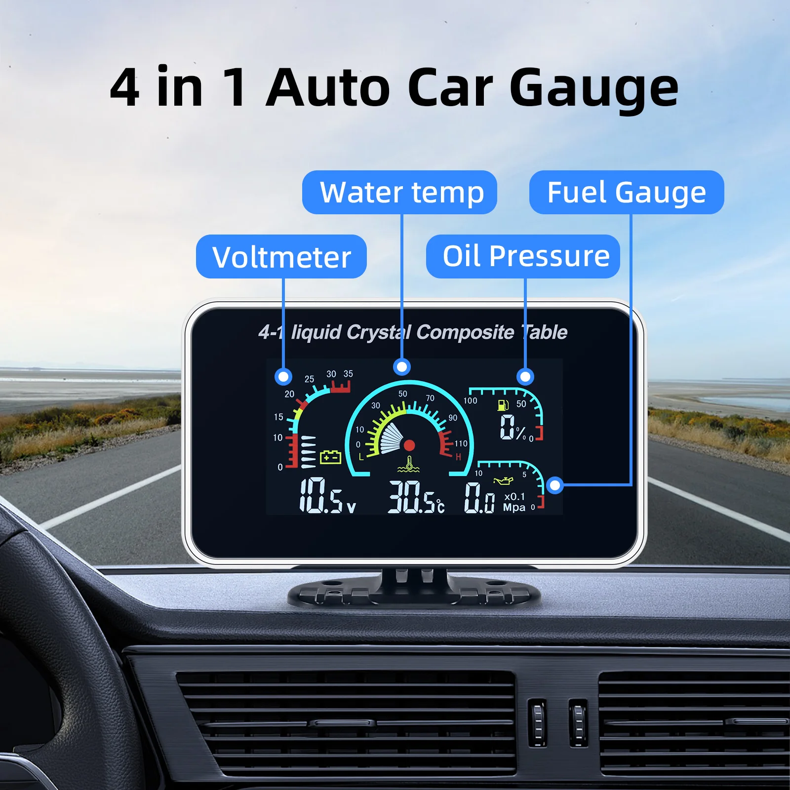 4 In1 Car LCD Digital Gauge Fuel Level Meter + Fuel Level Sensor Water Temperature Gauge Oil Pressure Voltage Oil Press 12V24V 