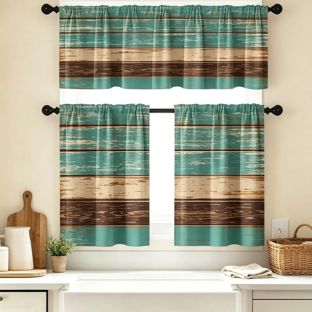 Vintage Kitchen Curtains, Teal Brown Wood Stripe, Digital Print, Kitchen Dining Room, Rod Pocket Polyester, Home Decor