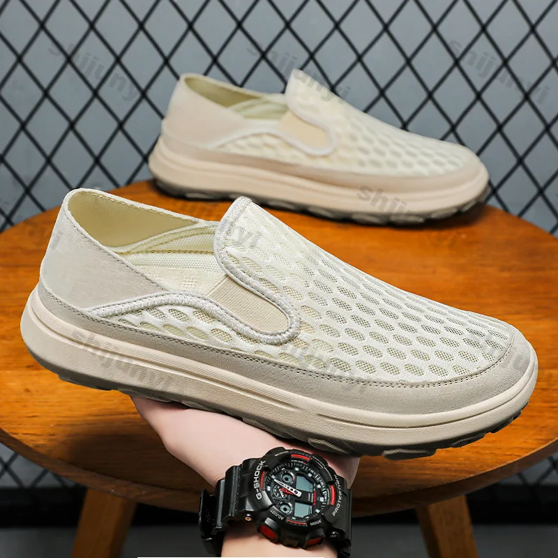 

Мужская повседневная обувь на плоской подошве, лето 2025, дышащая нескользящая сетчатая повседневная обувь, легкая удобная модная вулканизированная обувь без шнуровки на мягкой подошве