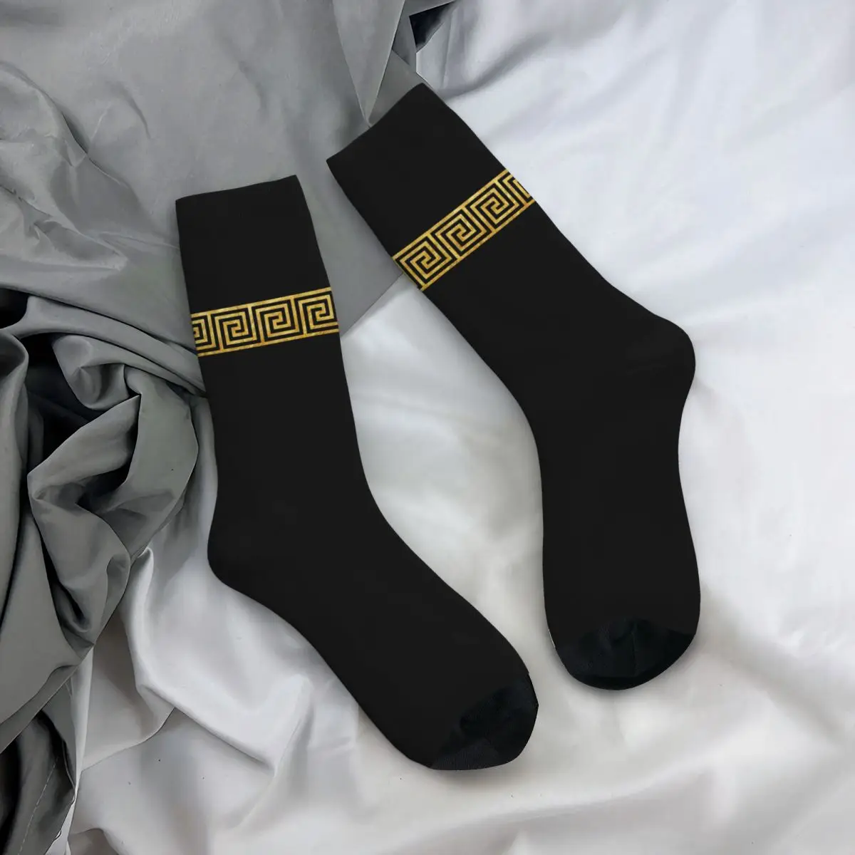 Gold Greek Key Trendy Socks Men Women Polyester Casual Socks High Quality Spring Summer Autumn Middle Tube Stockings Gifts