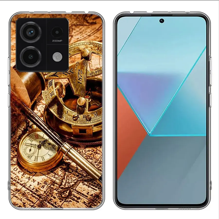 Ancient Maps Retro Compasses And Telescopes Clear Phone Case For Xiaomi Redmi Note 11 11S 11T 11E 10 10S 9 9S 9T 8 8T Pro 7 K70