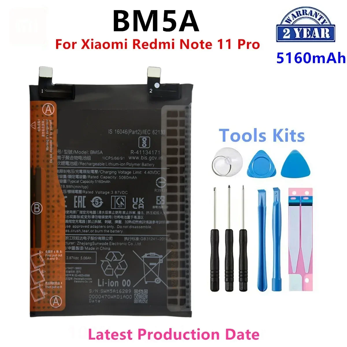 

Brand New BM5A 5160mAh Battery For Xiaomi MIUI Redmi Note 11 Pro 11pro Phone Replacement Batteries+Tools