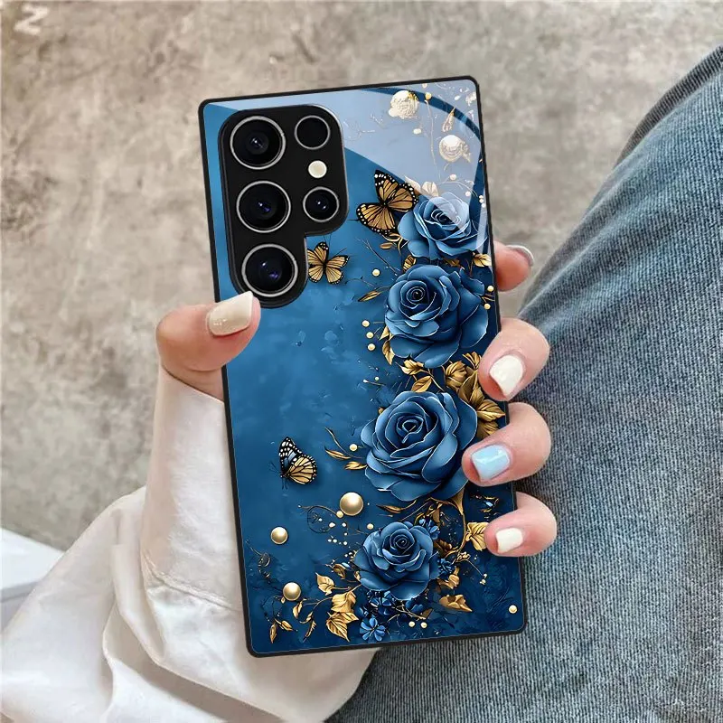 Deep blue gold butterfly pattern glass phone case suitable for Samsung Galaxy S26 S25 S24 S23 S22 S21 S20FE/Ultra/Plus anti drop