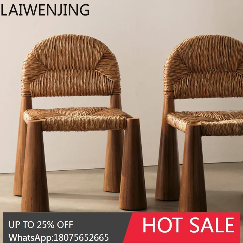 كرسي منسوج بحبل عتيق كرسي فردي للترفيه من الخشب الصلب مع مسند ظهر #2