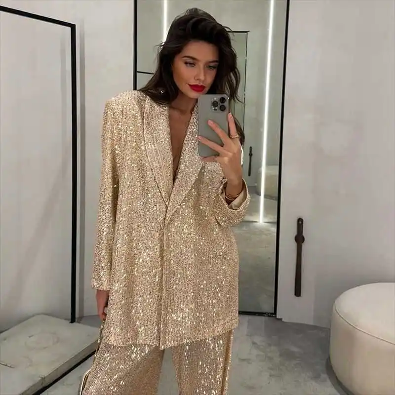 

Sequin Casual Blazers Outfit Spring Autumn Women Single Button Jacket+High Waist Straight Wide Leg Pants Female Two Piece Set
