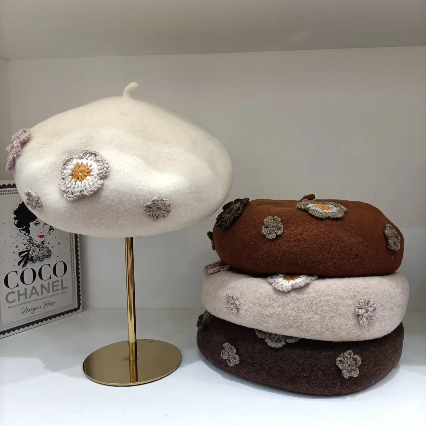 Heavy Industry Handmade 3D Wool Flower Beret Cap Women Autumn and Winter Warm Wool Knitted Hat Sweet Stewardess Hat Tide