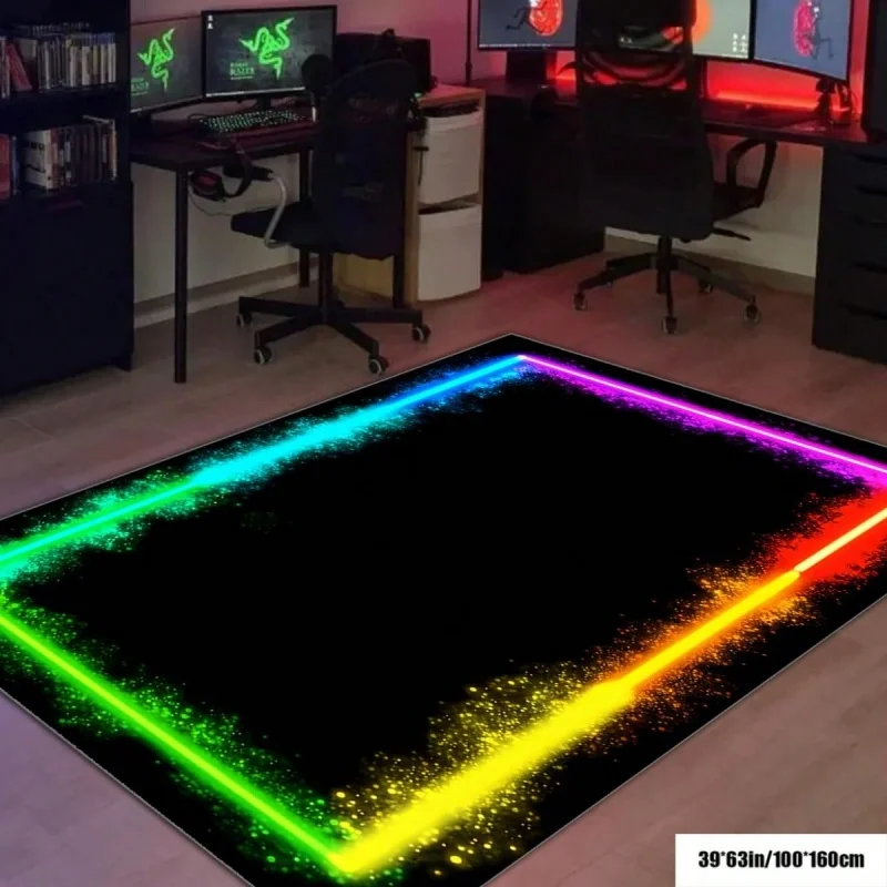 Neon Rainbow Light Frame Gaming Area Rug Glitter Particle Black Non Slip Game Room Floor Mat