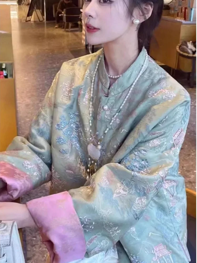 

New Chinese Sle Heavy Embroidery Cotton Jaet Women's Winter Thiened Retro Slimming Coat with Added Cotton Long Sve