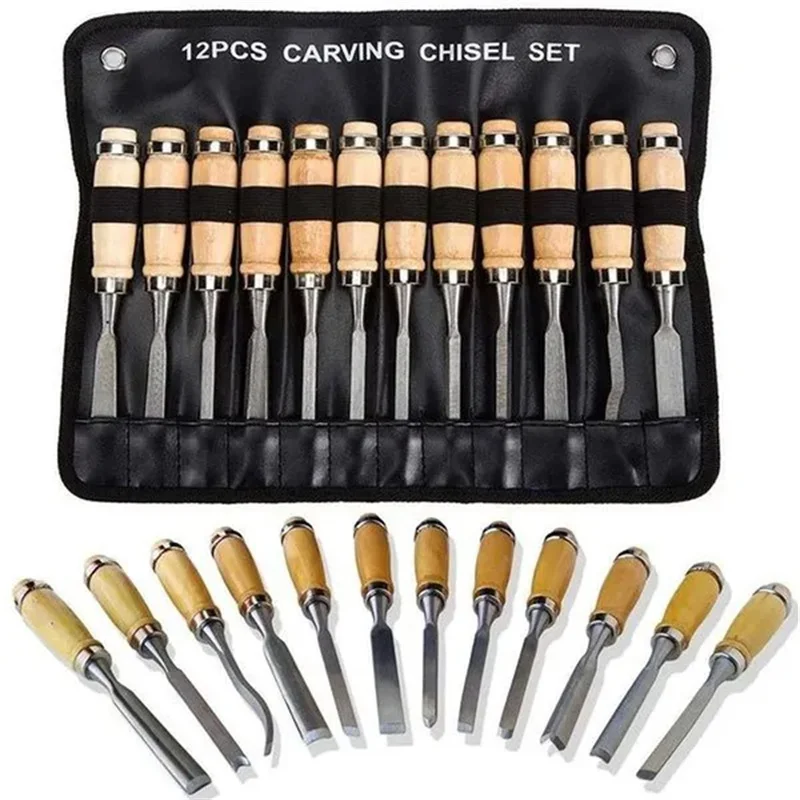 Imagem -05 - Professional Wood Carving Hand Cinzel Conjunto Torno Gouges Ferramentas Faca de Escultura Ferramenta para Trabalhar Madeira 12 Pcs Set