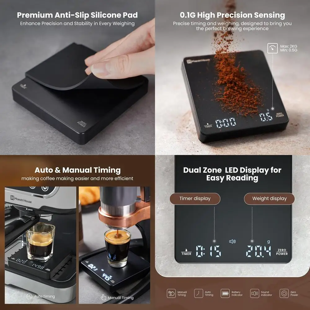 

Портативные цифровые весы для кофе на 2 кг с таймером, перезаряжаемые, точность 0,1 г для эспрессо и пуровера