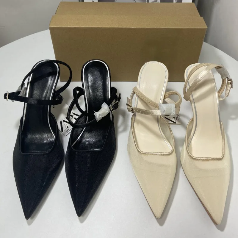 Sandalias de tacón alto para mujer, zapatos elegantes de malla, puntiagudos, Stilettos, nuevo diseño, verano, 2024