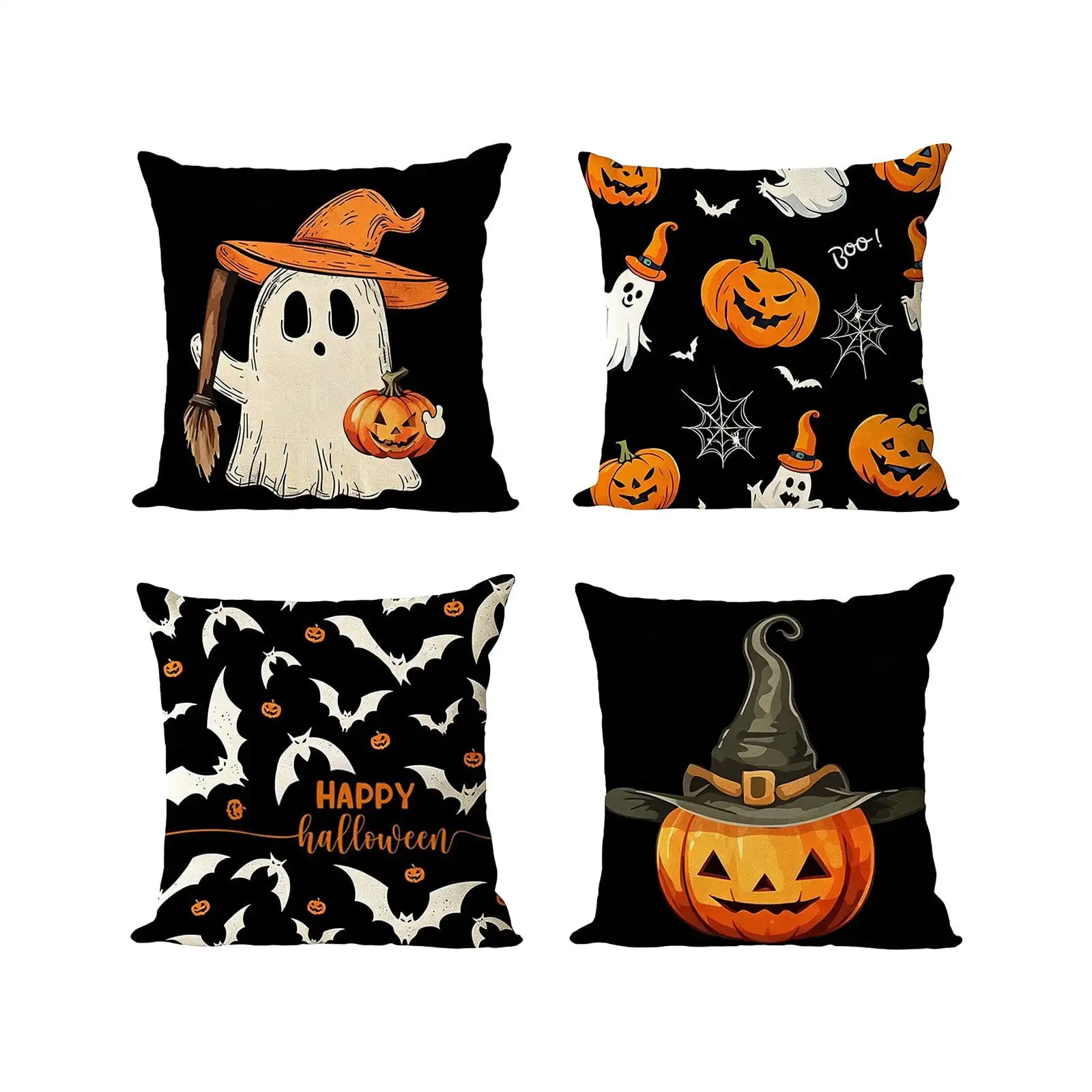 4 Pcs Halloween Throw Pillow Covers,18x18 Inch Pumpkin Ghost Bat Spider Web Decorative Square Cushion Cases,Soft Linen Holiday