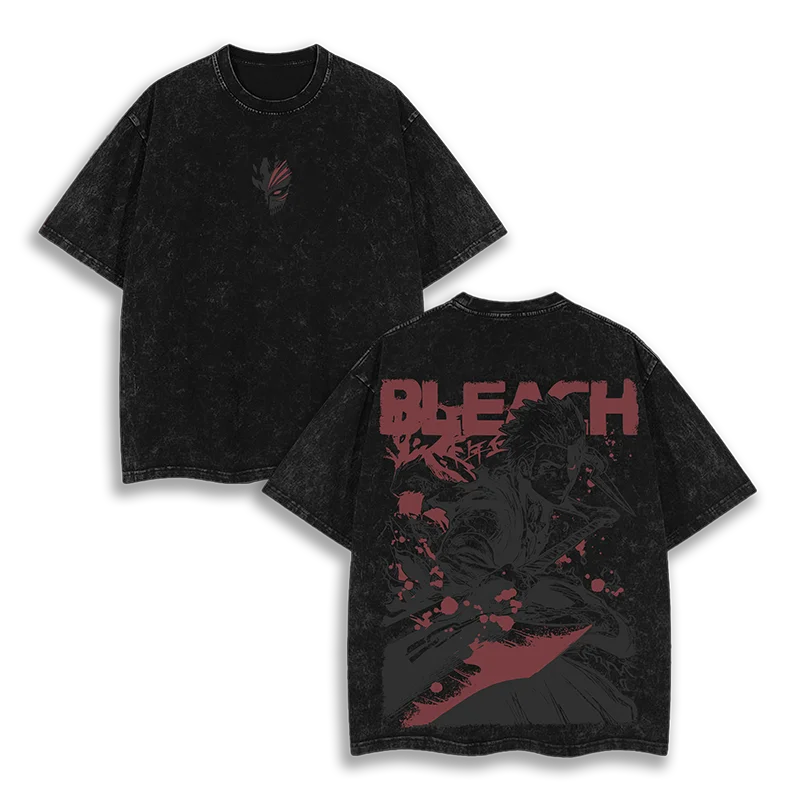 غسلها المتضخم التبييض أنيمي الجرافيك تي شيرت النساء الرجال Ichigo Kurosaki بانكاي الجوف تي شيرت مبيض الإناث الذكور الملابس تيز