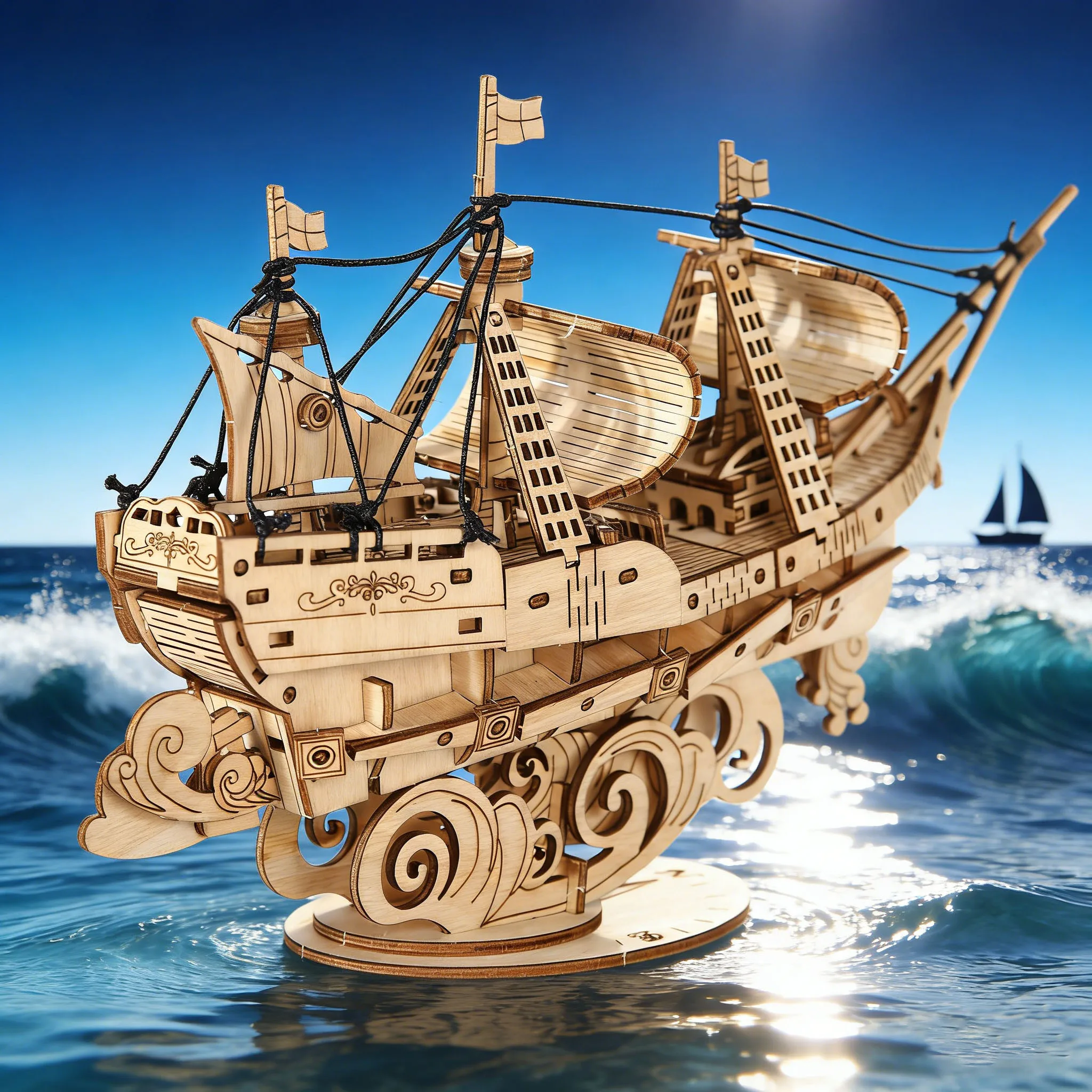3D Wooden Sailing Ship Puzzle Model, Ocean Sailing Vessel, Wooden Interlocking Blocks, Educational Gift, Suitable for Beginners