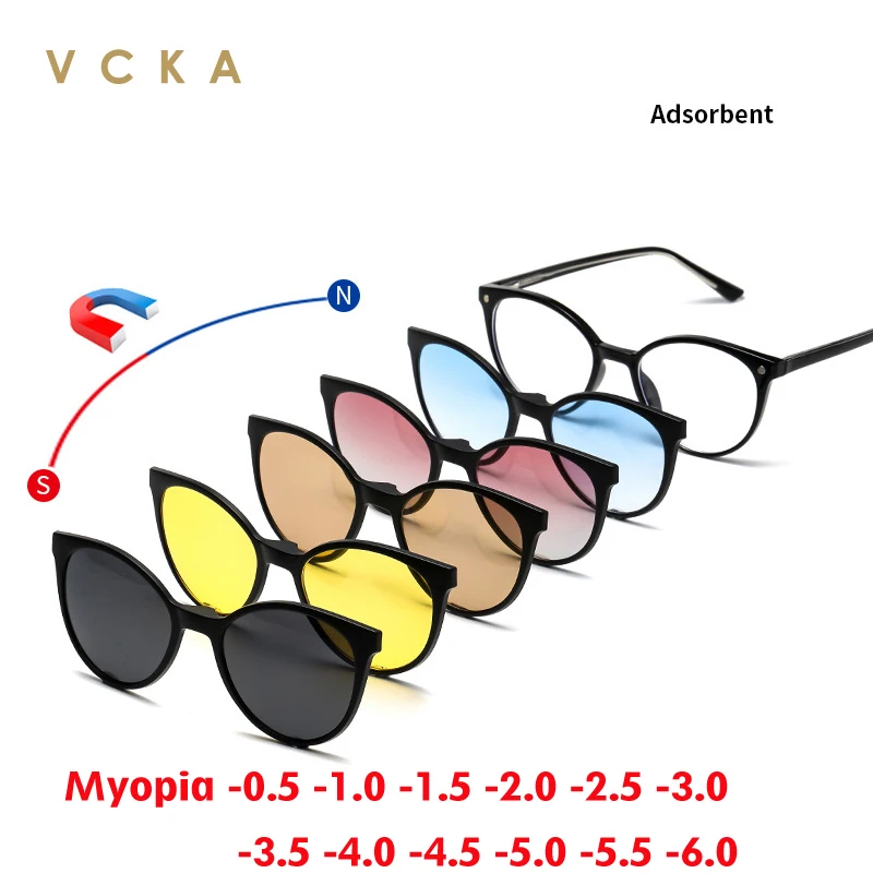 

VCKA 6 In1 Women Round Frames TR90 Magnetic Clip Men Glasses Myopia Sunglasses Polarized Custom Optics Eyewear -0.5 to -6.0