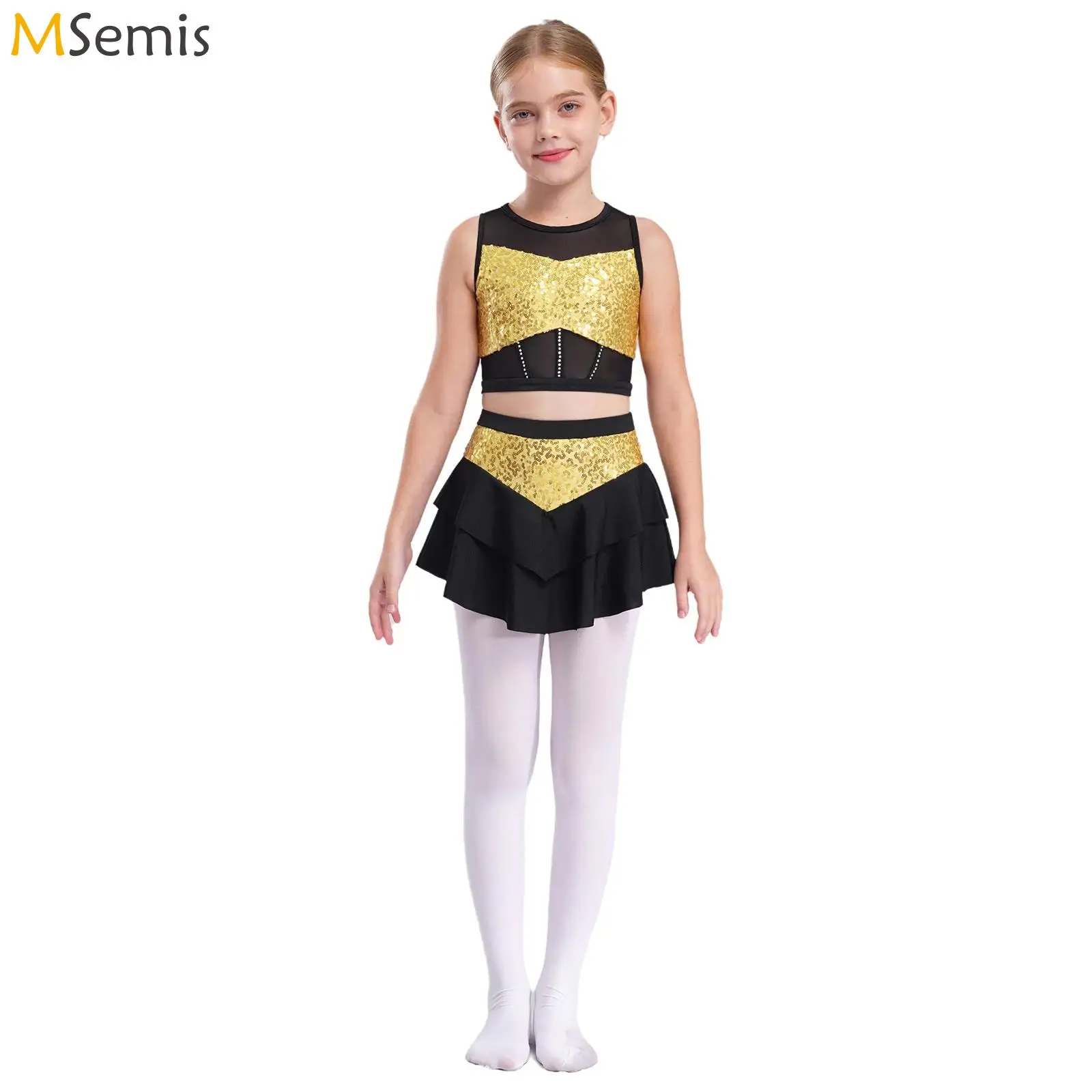 Dziewczęcy strój do tańca cheerleaderek z błyszczącymi cekinami Hip Hop Jazz Dance Kostium bez rękawów Sheer Mesh Crop Top z wielowarstwową spódnicą