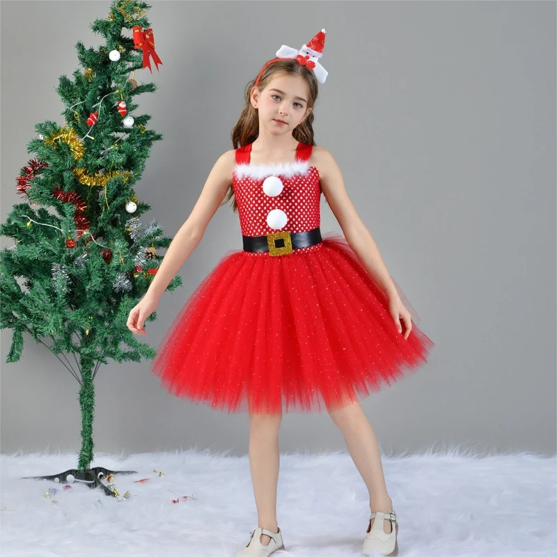 New Sweet and Stylish Children's Christmas Costumes Santa Claus Performance Outfit for Girls Character Dress-Up with Tulle Skirt